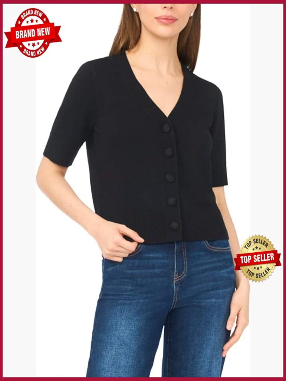 Short Sleeve Button Front V-Neck Cardigan Knit Lightweight